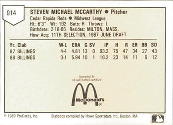 1989 ProCards Minor League Team Sets #914 Steve McCarthy Back