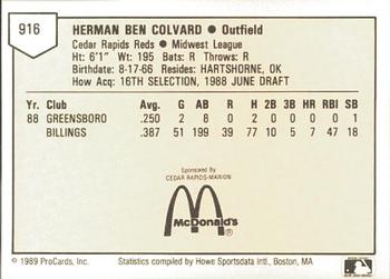 1989 ProCards Minor League Team Sets #916 Benny Colvard Back