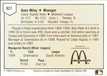 1989 ProCards Minor League Team Sets #927 Dave Miley Back