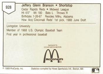 1989 ProCards Minor League Team Sets #928 Jeff Branson Back