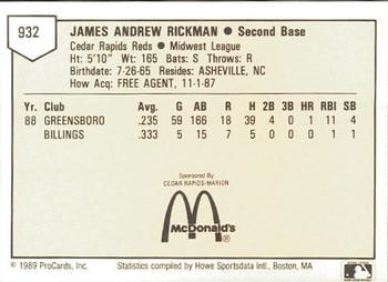 1989 ProCards Minor League Team Sets #932 Andy Rickman Back