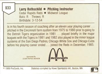 1989 ProCards Minor League Team Sets #933 Larry Rothschild Back