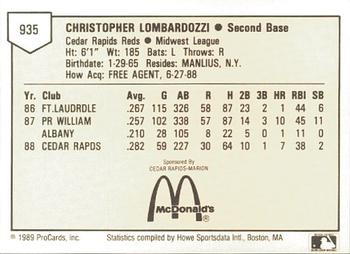 1989 ProCards Minor League Team Sets #935 Chris Lombardozzi Back