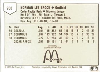 1989 ProCards Minor League Team Sets #938 Norm Brock Back