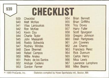 1989 ProCards Minor League Team Sets #939 Checklist Back