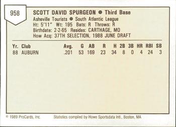 1989 ProCards Minor League Team Sets #958 Scott Spurgeon Back