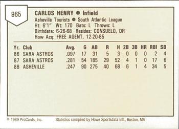 1989 ProCards Minor League Team Sets #965 Carlos Henry Back