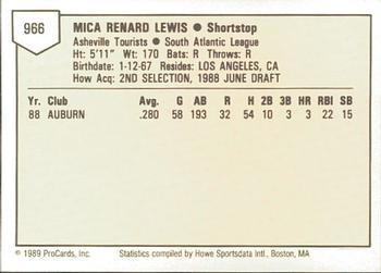 1989 ProCards Minor League Team Sets #966 Mica Lewis Back