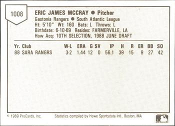 1989 ProCards Minor League Team Sets #1008 Eric McCray Back