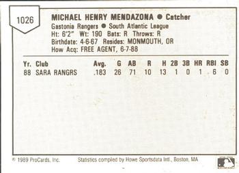 1989 ProCards Minor League Team Sets #1026 Mike Mendazona Back