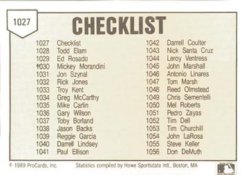 1989 ProCards Minor League Team Sets #1027 Checklist Back