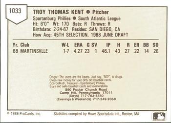1989 ProCards Minor League Team Sets #1033 Troy Kent Back