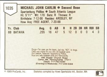 1989 ProCards Minor League Team Sets #1035 Mike Carlin Back