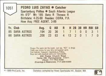 1989 ProCards Minor League Team Sets #1051 Pedro Zayas Back