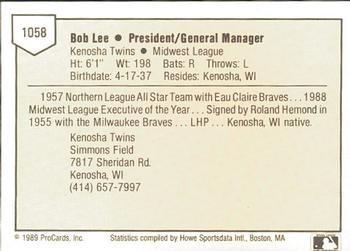 1989 ProCards Minor League Team Sets #1058 Bob Lee Back