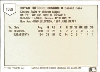 1989 ProCards Minor League Team Sets #1069 Bryan Roskom Back