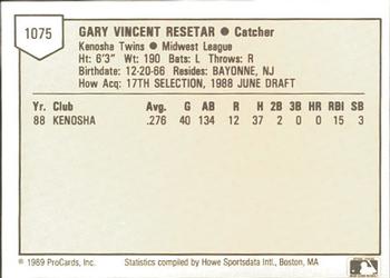 1989 ProCards Minor League Team Sets #1075 Gary Resetar Back