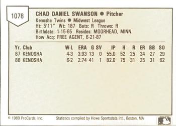 1989 ProCards Minor League Team Sets #1078 Chad Swanson Back