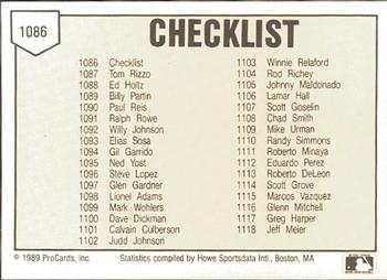 1989 ProCards Minor League Team Sets #1086 Checklist Back