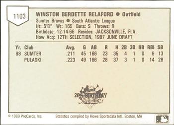 1989 ProCards Minor League Team Sets #1103 Winnie Relaford Back