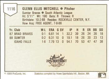1989 ProCards Minor League Team Sets #1116 Glenn Mitchell Back