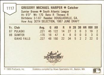 1989 ProCards Minor League Team Sets #1117 Greg Harper Back