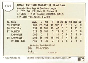 1989 ProCards Minor League Team Sets #1127 Omar Malave Back