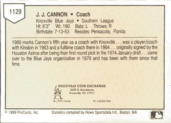 1989 ProCards Minor League Team Sets #1129 J.J. Cannon Back
