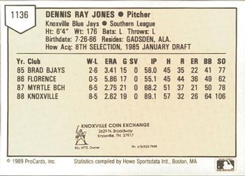 1989 ProCards Minor League Team Sets #1136 Dennis Jones Back