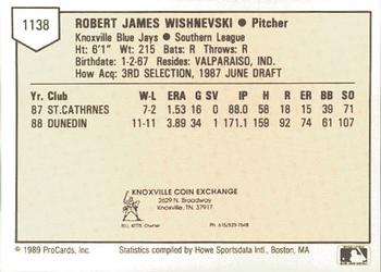 1989 ProCards Minor League Team Sets #1138 Bob Wishnevski Back