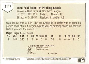 1989 ProCards Minor League Team Sets #1147 John Paul Poloni Back