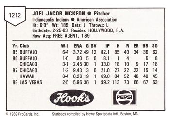 1989 ProCards Minor League Team Sets #1212 Joel McKeon Back