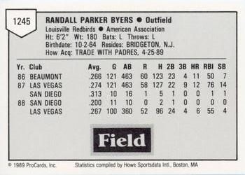 1989 ProCards Minor League Team Sets #1245 Randy Byers Back