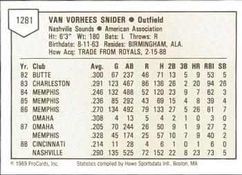 1989 ProCards Minor League Team Sets #1281 Van Snider Back