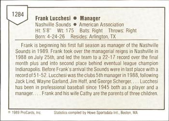 1989 ProCards Minor League Team Sets #1284 Frank Lucchesi Back