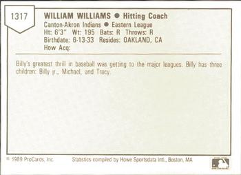 1989 ProCards Minor League Team Sets #1317 Billy Williams Back