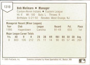 1989 ProCards Minor League Team Sets #1319 Bob Molinaro Back