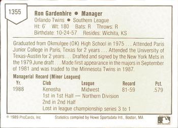 1989 ProCards Minor League Team Sets #1355 Ron Gardenhire Back