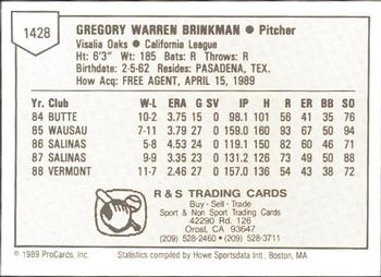 1989 ProCards Minor League Team Sets #1428 Greg Brinkman Back