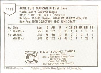 1989 ProCards Minor League Team Sets #1443 Jose Marzan Back