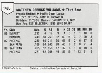 1989 ProCards Minor League Team Sets #1485 Matt Williams Back