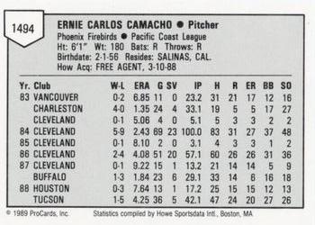 1989 ProCards Minor League Team Sets #1494 Ernie Camacho Back