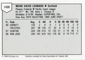 1989 ProCards Minor League Team Sets #1498 Mark Leonard Back