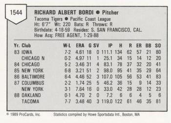 1989 ProCards Minor League Team Sets #1544 Rich Bordi Back