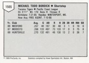 1989 ProCards Minor League Team Sets #1565 Mike Bordick Back