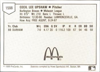 1989 ProCards Minor League Team Sets #1598 Lee Upshaw Back