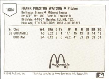 1989 ProCards Minor League Team Sets #1604 Preston Watson Back