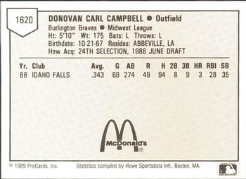 1989 ProCards Minor League Team Sets #1620 Don Campbell Back