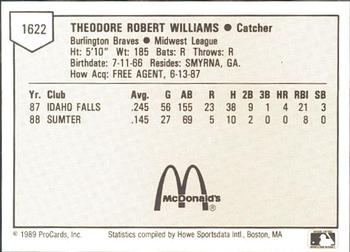1989 ProCards Minor League Team Sets #1622 Teddy Williams Back