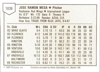 1989 ProCards Minor League Team Sets #1636 Jose Mesa Back